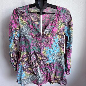 Lucky Brand Boho Paisley Tunic Longsleeve Top Lightweight Colorful Small